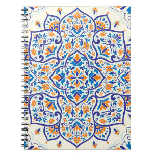 Caderno Espiral Padrão de Ornamento Azul Laranja de Luxo