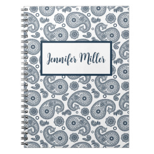 Caderno Espiral Padrão de paisley azul escuro indiano sem costura