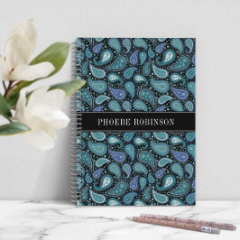 Caderno Espiral Padrão de Paisley Azul Moderno Retro