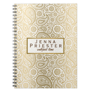 Caderno Espiral Padrão de Paisley de Vintage Branco e Dourado mode