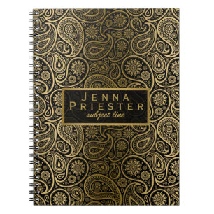 Caderno Espiral Padrão de Paisley do Vintage Preto e Dourado Moder