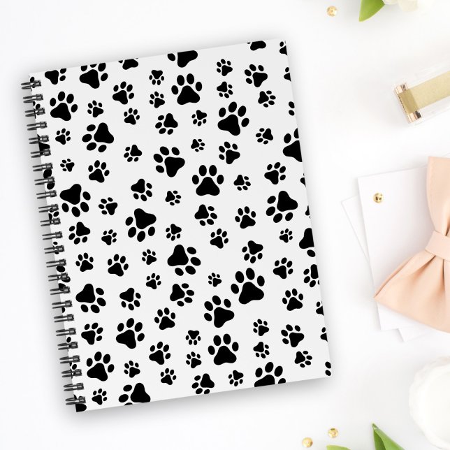 Caderno Espiral Padrão De Patas, Patas Cachorros, Preto e Branco (Criador carregado)
