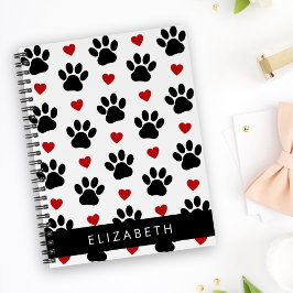 Caderno Espiral Padrão De Patas, Patas Negras, Corações Vermelhos,
