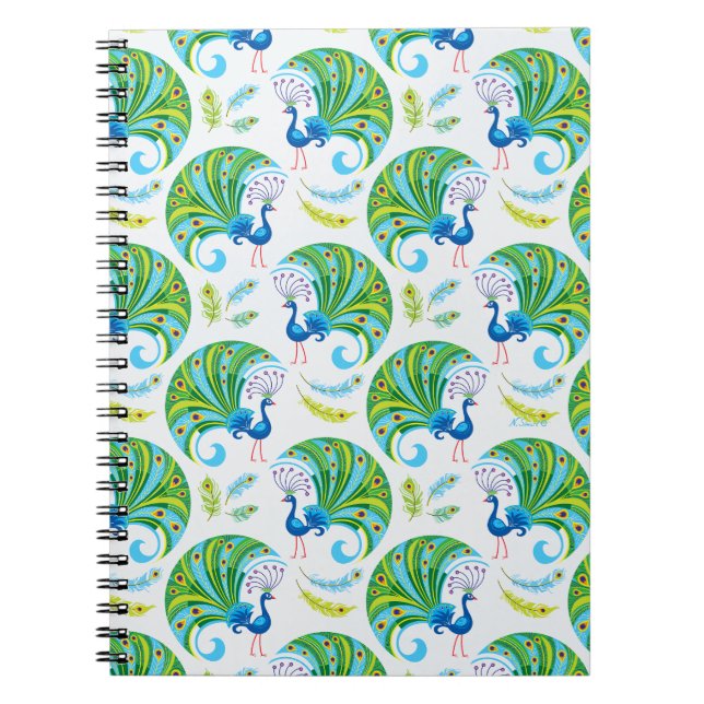 Caderno Espiral Padrão de Pavão e Penas (Frente)