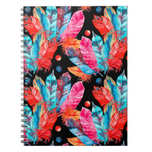 Caderno Espiral Padrão de penas de cor aquosa