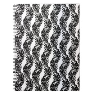 Caderno Espiral Padrão de penas de peacock abstrato preto-e-branc