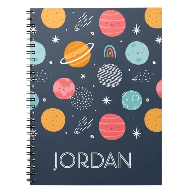 Caderno Espiral Padrão de planeta sorridente e bonito (Frente)