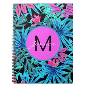 Caderno Espiral Padrão de Planta Tropical Rosa Azul Neon Personali