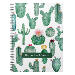 Caderno Espiral Padrão de Plantas de Flor de Cacto em Aquarela Ele