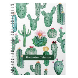 Caderno Espiral Padrão De Plantas De Flores De Cactus Com Aquarela