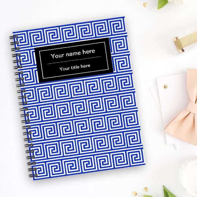 Caderno Espiral Padrão de Quadrados da Chave Meandro Grega Azul (Criador carregado)