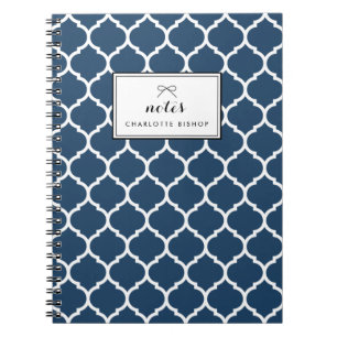 Caderno Espiral Padrão de Quatrefoil Azul do marinho Personalizado