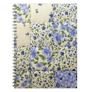 Caderno Espiral Padrão de Quilt Floral Azul Antigo