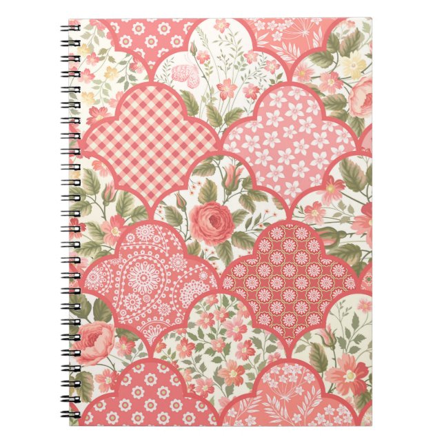 Caderno Espiral padrão de retalhamento floral uniforme com rosas e (Frente)