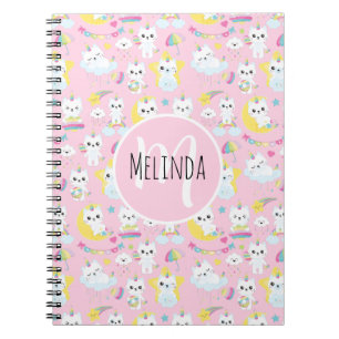 Caderno Espiral Padrão de Rosa claro de Gatos Unicórn