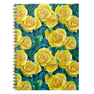 Caderno Espiral Padrão de Rosa de Aquarela Amarela
