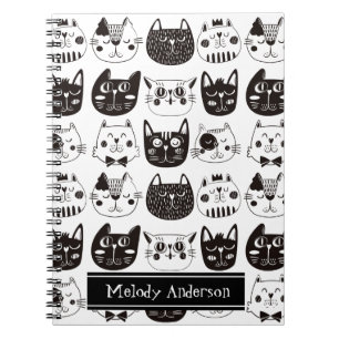 Caderno Espiral Padrão de Rostos de Gatos Pretos e Brancos Fofos