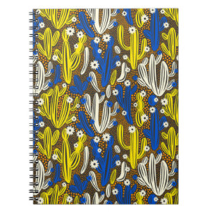 Caderno Espiral Padrão de safra com cacto em fundo preto. S