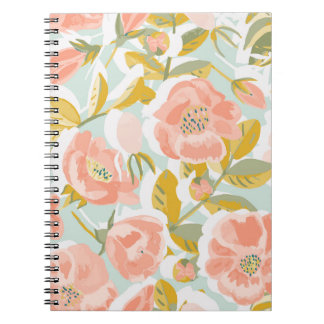 Caderno Espiral Padrão de safra com quadras e frutas rosa floresce