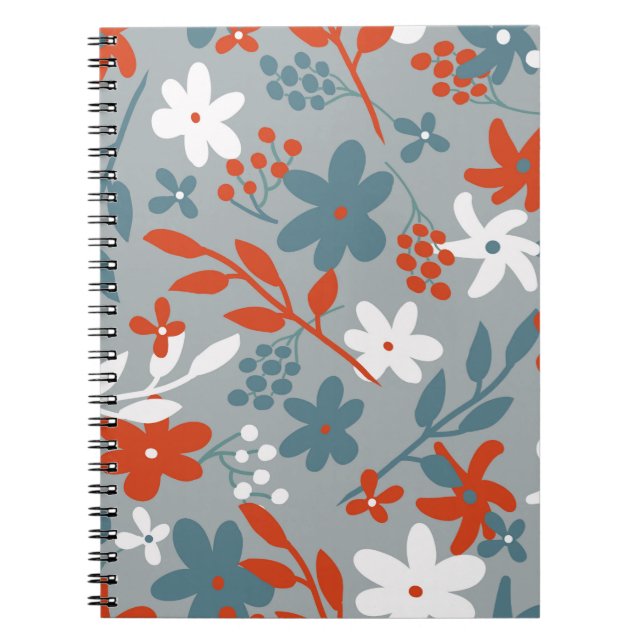 Caderno Espiral Padrão de safra simples. fundo cinza, laranja, (Frente)