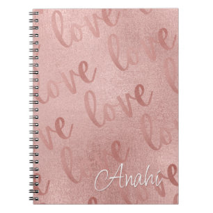 Caderno Espiral Padrão de Script Dourado do Love Rosa