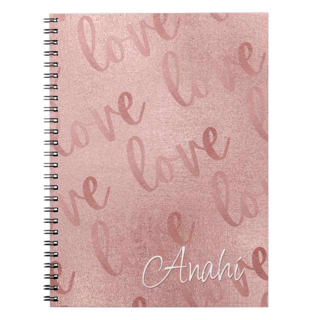 Caderno Espiral Padrão de Script Dourado do Love Rosa (Frente)