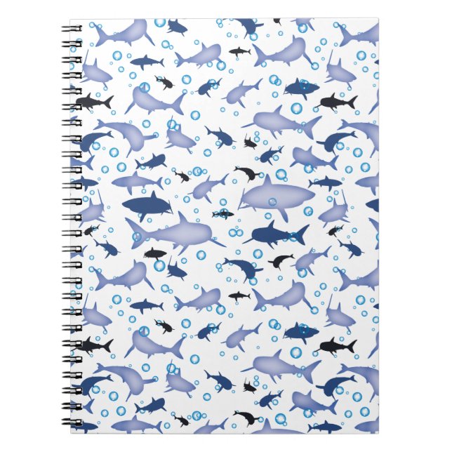 Caderno Espiral Padrão de silhueta de tubarão branco e azul (Frente)