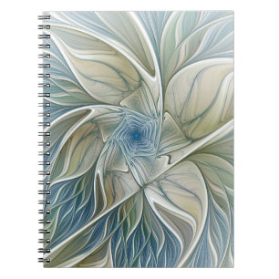 Caderno Espiral Padrão de Sonho Floral Abstrato Azul Khaki Fracta