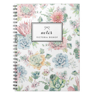 Caderno Espiral Padrão de Suculentos de Boho Pastel Watercolor