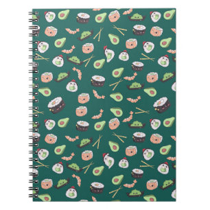 Caderno Espiral Padrão de Sushi verde-claro