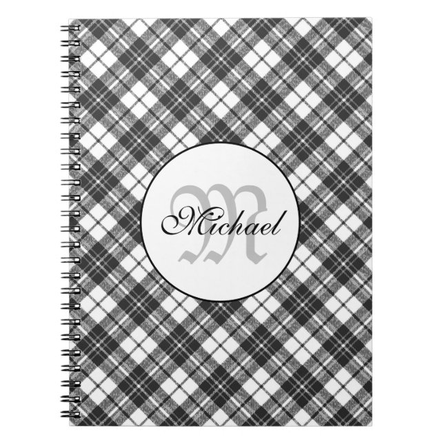Caderno Espiral Padrão de Tartan Gratuito Gratuito Monograma Branc (Frente)