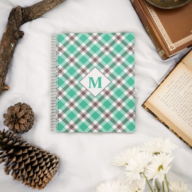 Caderno Espiral Padrão de Tartan Verde-Teal Moderno Monogramado (Criador carregado)