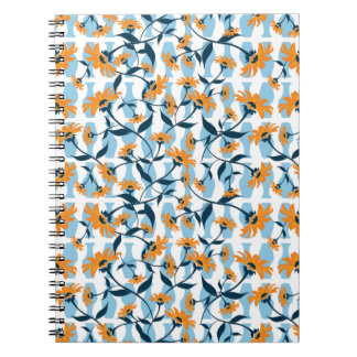Caderno Espiral Padrão de vaso azul com videira naval e margarida