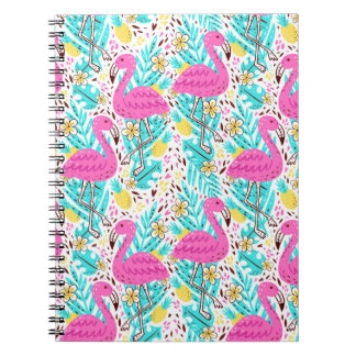 Caderno Espiral Padrão de verão brilhante com flamingo, corações,
