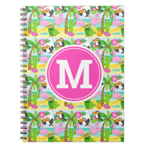 Caderno Espiral Padrão de verão tropical de tucano e flamingo