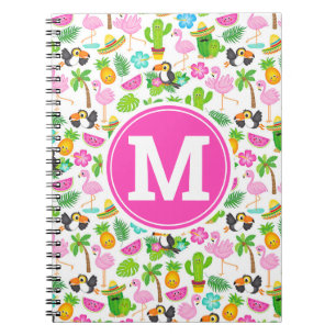 Caderno Espiral Padrão de verão tropical de tucano e flamingo