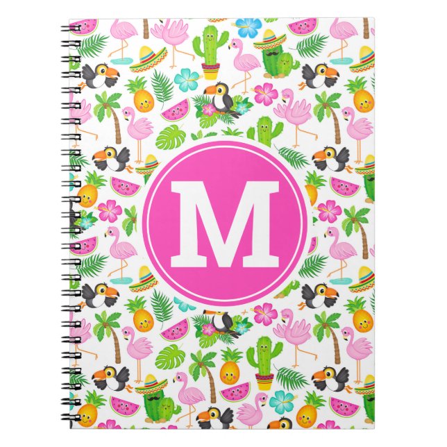 Caderno Espiral Padrão de verão tropical de tucano e flamingo (Frente)