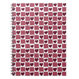 Caderno Espiral Padrão de Xadrez de Coração Vermelho