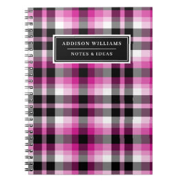 Caderno Espiral Padrão de Xadrez Preto Rosa Quente de Nome Único