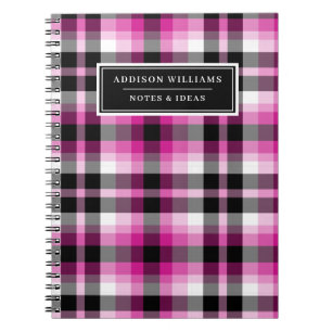 Caderno Espiral Padrão de Xadrez Preto Rosa Quente de Nome Único