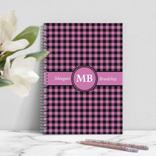 Caderno Espiral Padrão de Xadrez Rosa Monograma Moderno