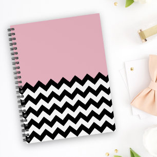 Caderno Espiral Padrão de ziguezague preto e branco, Chevron, rosa