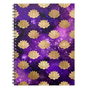 Caderno Espiral Padrão Dharma Mandala da Galáxia Dourada e Roxa