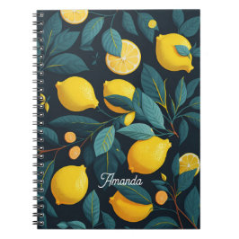 Caderno Espiral Padrão do jardim de limão. Fruta tropical amarela