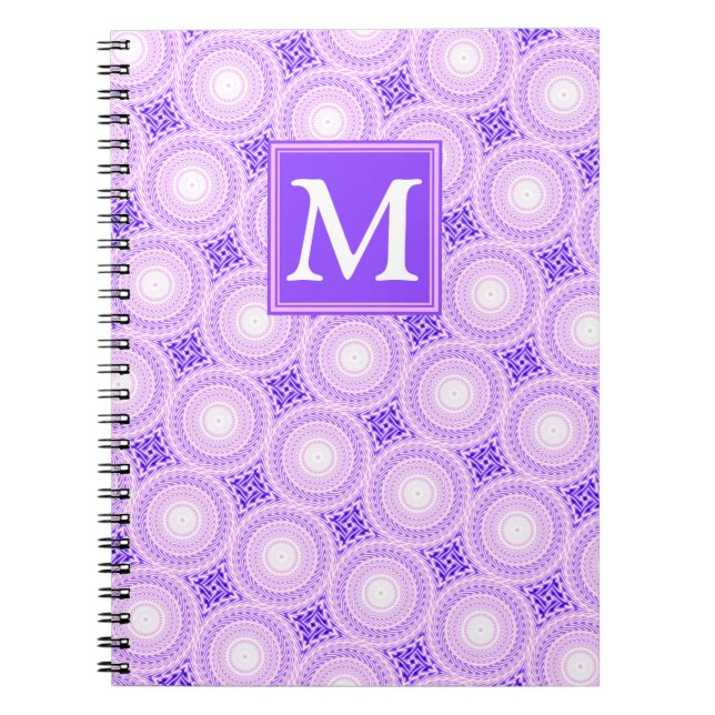 Caderno Espiral Padrão dos círculos roxos do monograma (Frente)