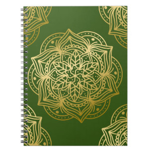 Caderno Espiral Padrão Elegante de Mandala Dourada e Verde