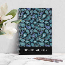 Caderno Espiral Padrão Elegante de Paisley Azul Retro