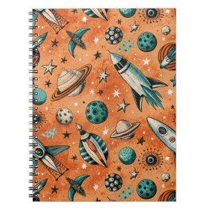 Caderno Espiral Padrão Espacial Foguete Retro Terracota Azul Turqu