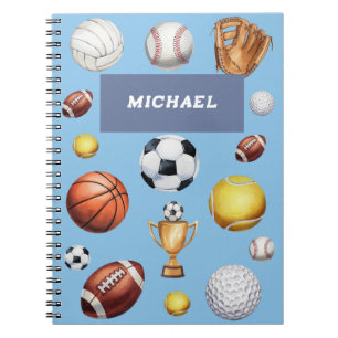 Caderno Espiral padrão esportes tema futebol tênis beisebol