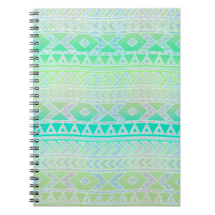 Caderno Espiral Padrão Estiloso Asteca Verde e Turquesa Fofo
